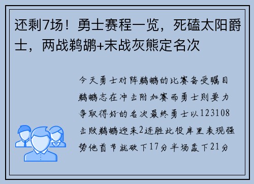 还剩7场！勇士赛程一览，死磕太阳爵士，两战鹈鹕+末战灰熊定名次